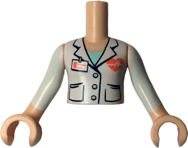 Torso Mini Doll Girl White Jacket with 3 Buttons, Coral Name Tag and Beating Heart Pattern, Light Nougat Arms with Hands with White Sleeves