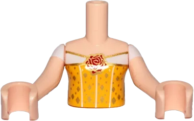 Torso Mini Doll Girl Bright Light Orange Top with Red Rose Trim and Gold Diamonds Pattern, Light Nougat Arms with Hands with White Sleeves