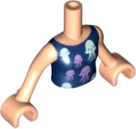 Torso Mini Doll Girl Dark Blue Top with Jellyfish Pattern, Light Nougat Arms with Hands