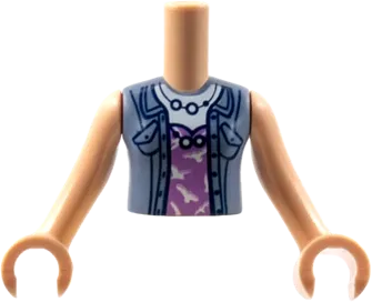 Torso Mini Doll Girl Medium Lavender Top with White Birds and High Neckline, Sand Blue Vest Pattern, Light Nougat Arms with Hands