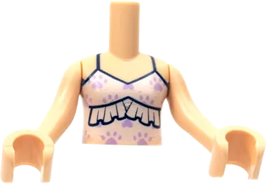 Torso Mini Doll Girl White Tank Top with Ruffle, Lavender Paw Prints Pattern, Light Nougat Arms with Hands