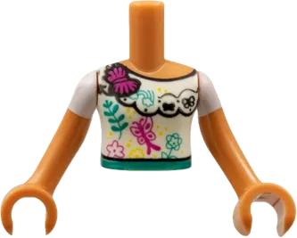 Torso Mini Doll Girl White Blouse Top with Flowers and Butterflies Pattern, Nougat Arms with Hands with White Short Sleeves