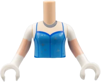 Torso Mini Doll Girl Medium Blue Top with Silver Necklace and Metallic Blue Stars Pattern, Light Nougat Arms with Hands with White Short Sleeves and Gloves
