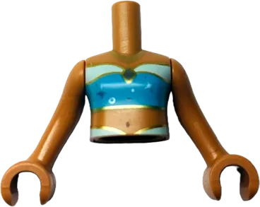 Torso Mini Doll Girl Medium Azure and Light Aqua Tube Top with Sparkles, Belly Button, and Gold Necklace Pattern, Medium Nougat Arms with Hands
