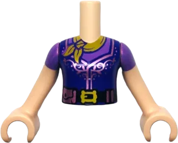 Torso Mini Doll Girl Medium Lavender and Dark Purple Top with Belt and Gold Scarf Pattern, Light Nougat Arms with Hands with Medium Lavender Short Sleeves