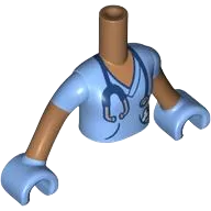 Torso Mini Doll Medium Blue Shirt with Stethoscope and Bone in Pocket Pattern, Medium Nougat Arms with Hands with Medium Blue Short Sleeves and Gloves