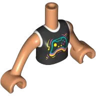 Torso Mini Doll Girl Black and White Shirt with Dark Turquoise, Bright Pink, and Yellow Video Game Controller Pattern, Nougat Arms with Hands