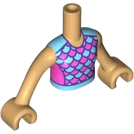 Torso Mini Doll Girl Dark Pink and Medium Azure Top with Scales and Dark Purple Edges Pattern, Medium Tan Arms with Hands