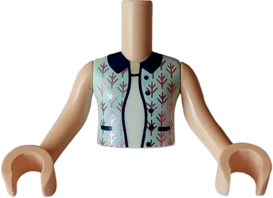 Torso Mini Doll Girl Light Aqua Sleeveless Vest with Dark Blue Pockets, Buttons and Collar, and Metallic Pink Branches over White Shirt Pattern, Light Nougat Arms with Hands
