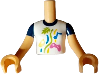 Torso Mini Doll Girl White Shirt with Dark Blue Collar, Dark Pink Game Controller, Blue Musical Note, Lime Leave, Yellow Lemon Slice and Lines Pattern, Medium Tan Arms with Hands with Dark Blue Short Sleeves