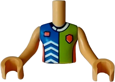 Torso Mini Doll Girl Blue, Lime, and Coral Sports Uniform Shirt with White Chevrons and Collar, Dark Blue Number 2 on Back Pattern, Medium Tan Arms with Hands