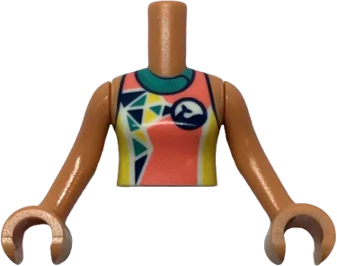 Torso Mini Doll Girl Coral, Dark Turquoise, and Yellow Wetsuit with Dolphin / Whale Logo and Triangles Pattern, Nougat Arms with Hands