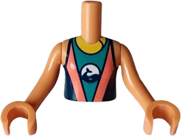 Torso Mini Doll Girl Coral, Dark Turquoise and Dark Blue Wetsuit with Yellow Collar and Zipper and Dolphin / Whale Logo Pattern, Nougat Arms with Hands