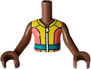 Torso Mini Doll Girl Coral and Yellow Wetsuit with White Zipper, Dark Turquoise Belt and Dolphin / Whale Logo on Back Pattern, Medium Brown Arms with Hands