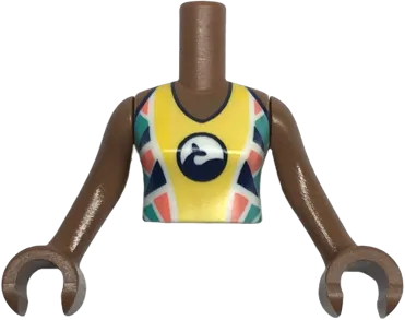Torso Mini Doll Girl Yellow Wetsuit with Dolphin / Whale Logo, Coral, Dark Blue and Dark Turquoise Triangles and Coral Zipper on Back Pattern, Medium Brown Arms with Hands