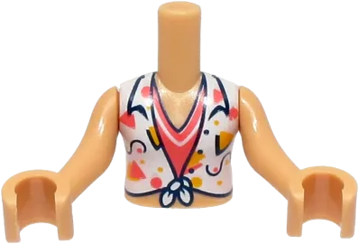 Torso Mini Doll Girl White Knotted Blouse with Dark Blue, Coral and Bright Light Orange Lines and Shapes over Shirt Pattern, Medium Tan Arms with Hands