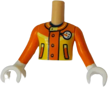 Torso Mini Doll Girl Yellow and Orange Ski Suit Jacket with Black Outlined Pockets, Buttons and Collar with White Snowman Face Pattern, Orange Arms / Sleeves with White Hands / Gloves