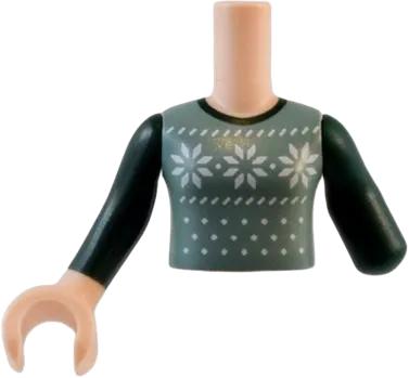 Torso Mini Doll Girl Sand Green Fair Isle Sweater Vest with White Snowflakes Pattern, Arm with Dark Green Long Sleeve Left, Light Nougat Arm with Hand with Dark Green Long Sleeve Right