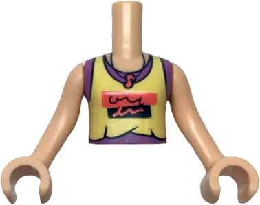 Torso Mini Doll Girl Bright Light Yellow Tank Top over Medium Lavender Sleeveless Shirt, Black and Coral Panels and Music Note Necklace Pattern, Light Nougat Arms with Hands