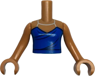 Torso Mini Doll Girl Blue Halter Dress Top with Silver Straps, Dark Blue Trim and Creases Pattern, Medium Nougat Arms with Hands