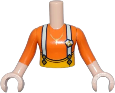 Torso Mini Doll Girl Orange Shirt, Light Aqua Suspenders, Gold Buckles and Necklace Pattern, Light Nougat Arms with Hands with Orange Sleeves
