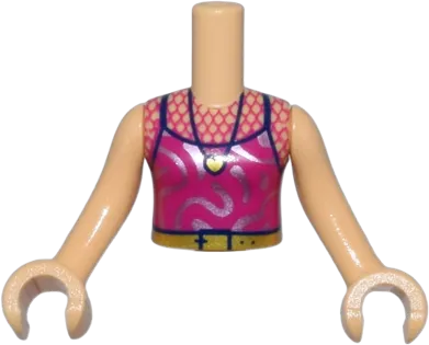 Torso Mini Doll Girl Magenta Tank Top with Mesh, Silver Swirls, and Gold and Dark Blue Belt and Necklace Pattern, Medium Tan Arms with Hands
