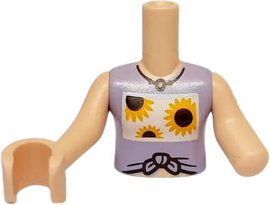 Torso Mini Doll Girl Lavender Tied Sleeveless Vest Top, Bright Light Orange Sunflowers Pattern, Light Nougat Arm Left, Light Nougat Arm with Hand Right