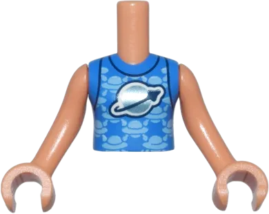 Torso Mini Doll Girl Blue Shirt with Metallic Light Blue Classic Space Logo and Bright Light Blue Spaceships Pattern, Nougat Arms with Hands