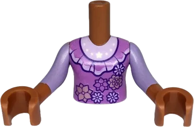 Torso Mini Doll Girl Medium Lavender Dress Top with Dark Purple Collar and Metallic Pink and Lavender Flowers over Shirt with White Stars Pattern, Sienna Arms with Hands with Lavender Sleeves
