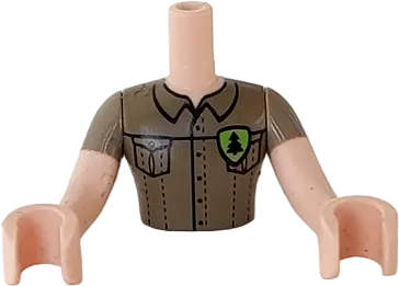 Torso Mini Doll Man Dark Tan Shirt with Pockets and Green Badge with Tree Pattern, Light Nougat Arms with Hands with Dark Tan Sleeves