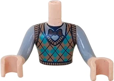 Torso Mini Doll Man Argyle Sweater Vest with Bow Tie Pattern, Light Nougat Arms with Hands with Sand Blue Sleeves