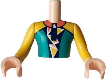 Torso Mini Doll Man Dark Turquoise, Yellow and Dark Blue Wetsuit with Coral Collar, Yellow and Coral Triangles and Dolphin / Whale Logo on Back Pattern, Light Nougat Arms with Hands
