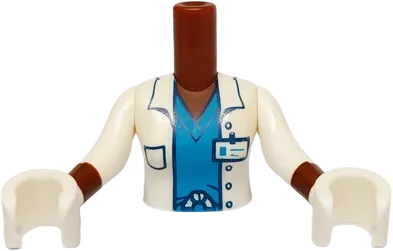 Torso Mini Doll Woman White Jacket with Dark Blue Pocket and ID Badge over Dark Azure Scrubs Pattern, White Arms with Hands with Reddish Brown Wrists